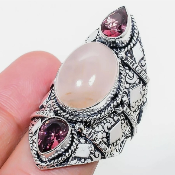New Rose Quartz and Amethyst 925 Silver Statement Ring. - Picture 2 of 16